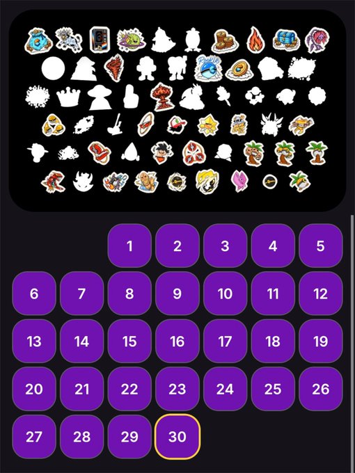 An October calendar widget on a phone screen displays 30 days in purple squares with stickers above it.