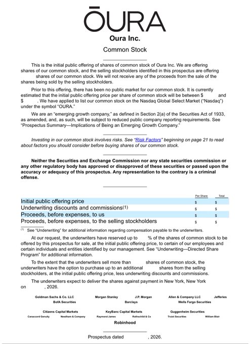 The image shows the initial public offering prospectus cover page for Oura Inc. (ticker: OURA), dated 2026, with Goldman Sachs, Morgan Stanley, J.P. Morgan, Allen & Company, and Jefferies listed as lead underwriters, and Robinhood appearing among additional underwriters. The caption relates to the post by highlighting Robinhood's notable first-time inclusion as an underwriter in Oura's IPO, signaling the company's expansion into directly participating in IPO distributions rather than waiting for stocks to list.