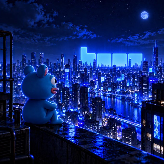 A blue bear-like character sits on a rooftop ledge at night, gazing out at a sprawling futuristic city with glowing blue skyscrapers beneath a full moon.