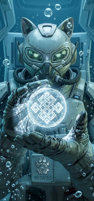 A digital illustration features an armored, cat-like character with glowing green eyes holding a glowing, geometric sphere in a submerged, futuristic setting, with the word 'INITIATES' visible on its chest plate.