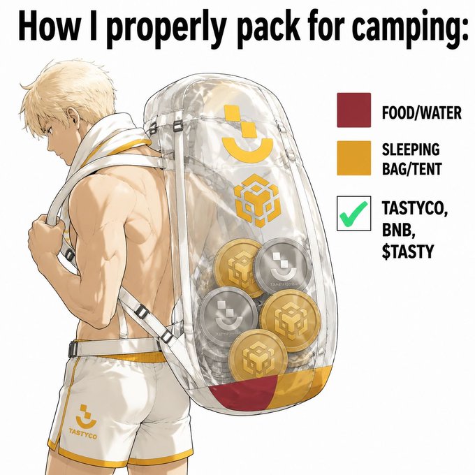 An anime-style illustration shows a blonde man packing for camping with a clear backpack full of cryptocurrency, with a legend marking 'FOOD/WATER' (red), 'SLEEPING BAG/TENT' (yellow), and 'TASTYCO, BNB, $TASTY' (checked green), referencing crypto branding.