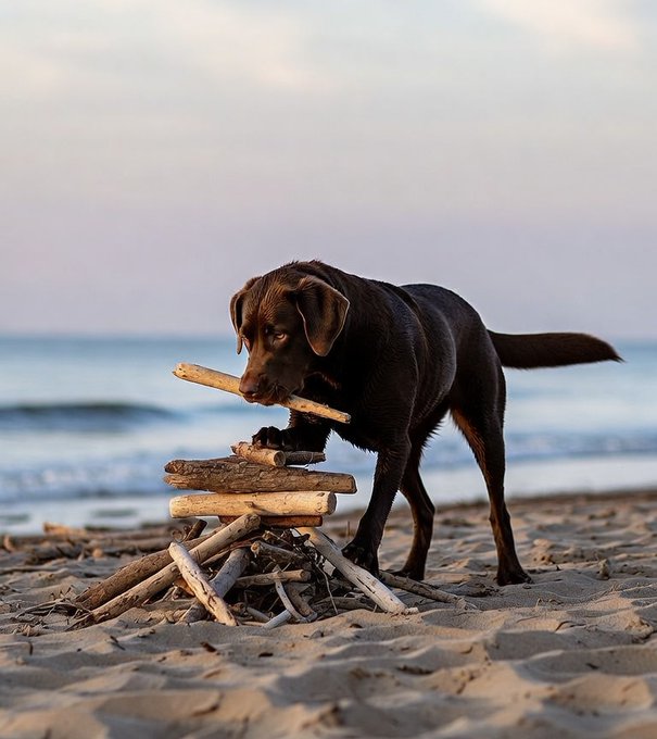 A chocolate Labrador retriever stands on a sandy beach at dusk, holding a piece of driftwood in its mouth near a pile of stacked wooden logs, with the ocean in the background.