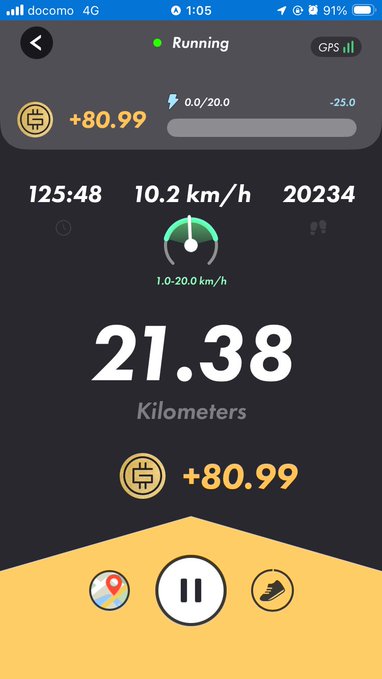 The image shows a phone screen displaying a running app with various statistics, including distance, speed, and time. The app also has an icon for a step counter that can be used to track physical activity. The background of the image is black, which contrasts with the yellow border surrounding the app's interface. The post mentions that someone has run 42 kilometers in 4 hours, suggesting they have completed a long-distance run or possibly participated in a marathon.
