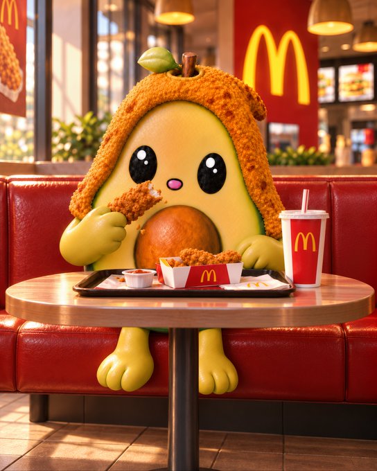 An AI-generated image of a cute avocado mascot with a fried chicken hood and pit belly sitting in a McDonald's booth, eating McNuggets with a McDonald's drink and fries on the table.
