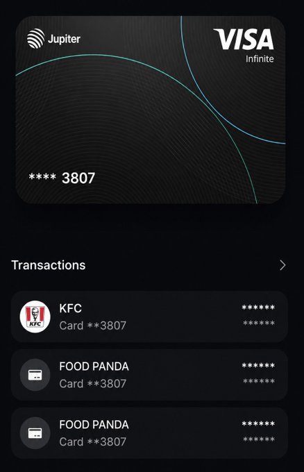 The image shows a JUPITER Visa card being used for transactions, including buying food items like Panda and KFC. The card has seen an increase in spending volume over the past two months. A description of the card can be found in the caption, which suggests that it is one of the most easy to use Spend crypto options out there. This could mean that users have more control over their payment methods, and potentially better privacy and security measures when using their Visa Card for transactions on the app marketplace.