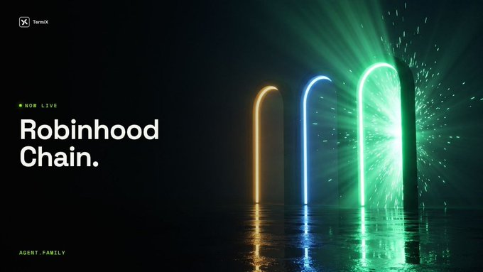 A promotional graphic for 'Robinhood Chain' displays three neon-lit archways in orange, blue, and green against a dark background, with the text 'NOW LIVE' and 'AGENT.FAMILY'.