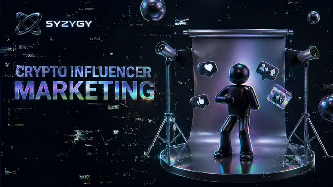 A promotional graphic for SYZYGY's Crypto Influencer Marketing services, featuring a 3D character on a studio set with spotlights and floating social media engagement icons (likes, shares) against a dark cityscape background.