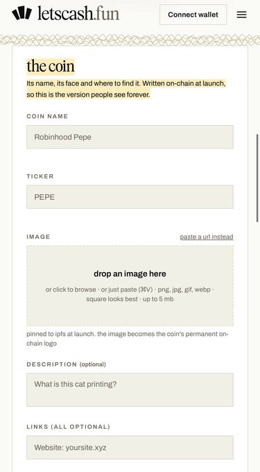 A letscash.fun webpage form for launching a memecoin named 'Robinhood Pepe' with ticker 'PEPE,' including fields for image upload, description, and optional website link.