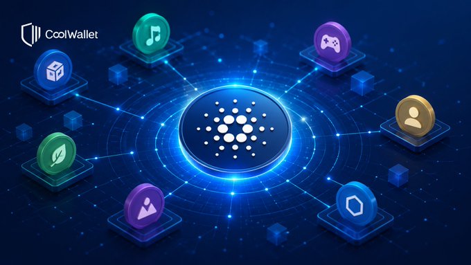 A promotional graphic for 'CoolWallet' featuring a central Cardano (ADA) cryptocurrency logo surrounded by various circular icons representing different functionalities like music, gaming, user profiles, and a leaf logo, all connected by a glowing network on a dark blue background.