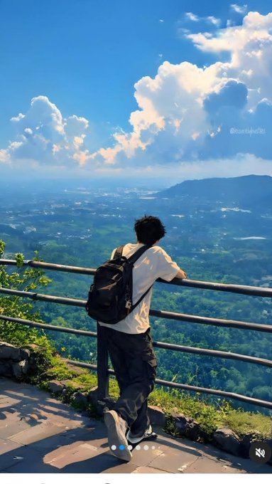 The image features a man standing near a railing, looking out over a beautiful landscape with mountains in the background. The man has his back turned towards the camera, giving us a clear view of him enjoying the scenery. There are also some clouds visible in the sky above the mountains.