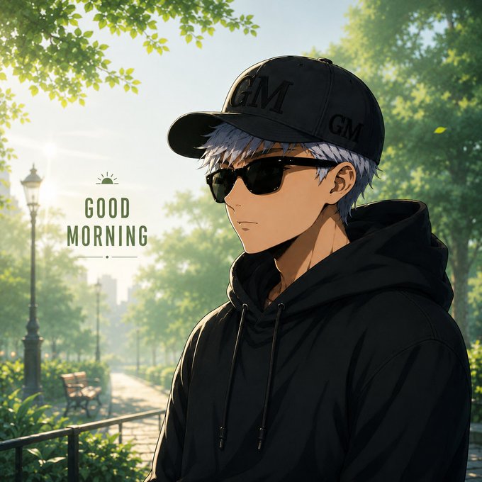An anime-style illustration of a young man wearing a black 'GM' cap, sunglasses, and black hoodie, with 'GOOD MORNING' text in a sunlit park setting.