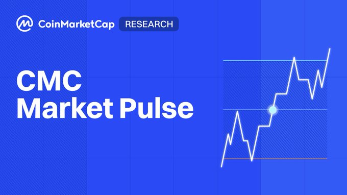 The image shows a graphic design featuring a blue color scheme with a light blue line representing an upward-sloping line chart or graph, indicating that Bitcoin's market value has increased. The title of the graphic reads "CMC Market Pulse" followed by "Research", suggesting that this is a piece of research related to cryptocurrency. Below the graphic, there is a caption providing information about how to buy Bitcoin for $15.62 and ETH for 30.75, which are some recent price peaks in the market.