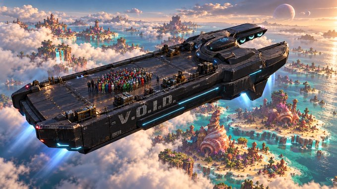 A futuristic sci-fi scene featuring a massive dark spacecraft labeled 'V.O.I.D.' hovering above a colorful archipelago of islands, with a crowd of people gathered on its deck.
