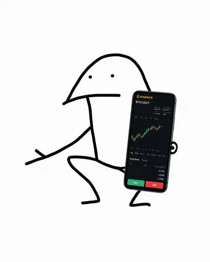 A stick figure holds up a phone displaying the Binance trading interface for BTC/USDT, implying that showing trading activity is how to attract a trader.