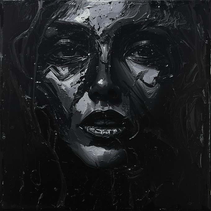 A dark, textured oil-painting style portrait of a woman's face rendered in black and gray tones, appearing almost metallic or masked.