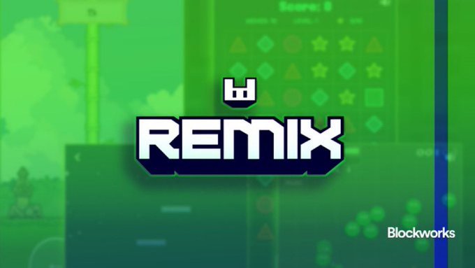 A logo for "REMIX" displayed over a green gaming-themed background with the Blockworks logo in the corner.