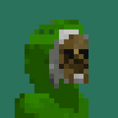 A low-resolution pixel art image on a green background shows a green character holding what appears to be a brown pixelated object.
