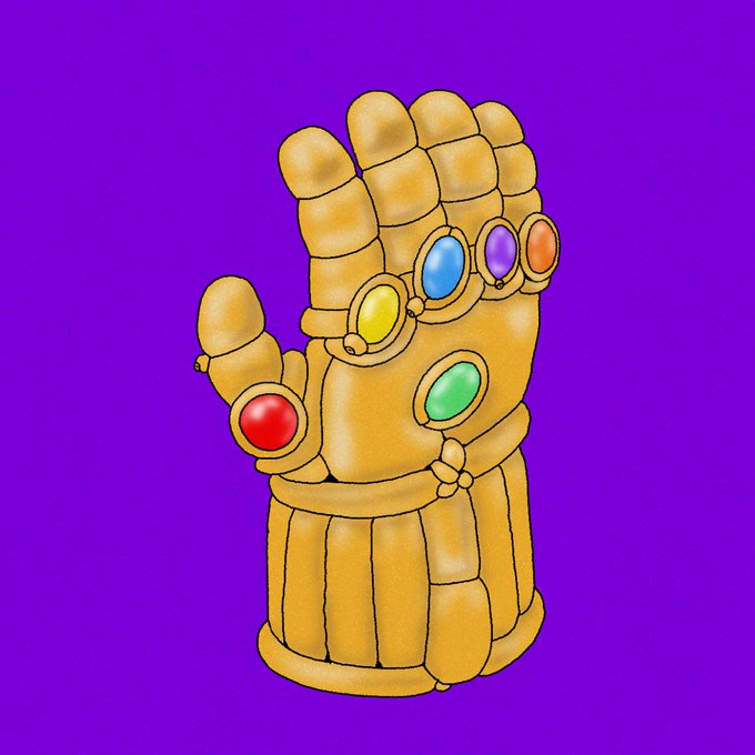 A digital illustration of the Infinity Gauntlet from Marvel, featuring all six colorful Infinity Stones (yellow, blue, purple, red, green, and orange) set against a vibrant purple background. The iconic gauntlet imagery aligns with the post's promotion of a "MINT IS LIVE" NFT collection on OpenSea, likely tying the Marvel-inspired artwork to the project.