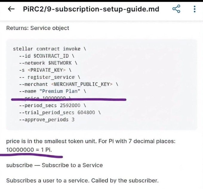 The image shows a code snippet from PiRC2/9-subscription-setup-guide.md documenting a stellar contract invoke command for registering a "Premium Plan" service priced at 10000000 (1 Pi) with a 30-day period, directly visualizing Nicolas's vision of Pi micro-transactions carrying value, which validates the idea that was previously met with skepticism.