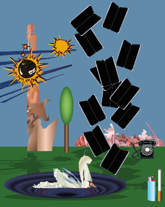 A surreal collage-style artwork featuring a swan in water, a green tree, black rectangular shapes scattered in the sky, a rotary telephone, an ashtray with cigarettes, sun and bomb graphics, and other eclectic elements on a blue and green background.