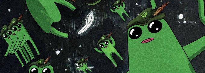 A whimsical illustration shows several green, anthropomorphic figures resembling the Robinhood logo floating against a starry black space background, with one large figure prominently featured on the right wearing a feathered cap. The playful, surreal imagery suggests curiosity about Robinhood's services or claims, matching the post's questioning tone of "Is this true?"