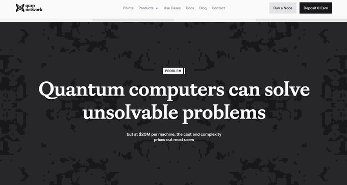 A dark website landing page for “aup a network” displays the headline “Quantum computers can solve unsolvable problems” and the subheading “but at $20M per machine, the cost and complexity prices out most users,” with navigation links such as “Points,” “Products,” “Use Cases,” “Docs,” “Blog,” “Contact,” “Run a Node,” and “Deposit & Earn.”
