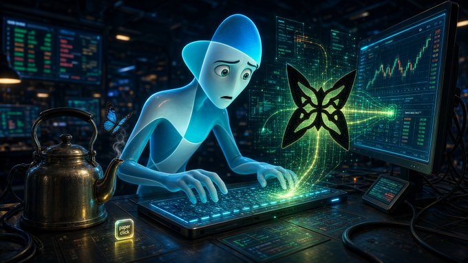 A digital artwork of a glowing blue humanoid figure looking concerned while typing on a keyboard, with a butterfly symbol hologram and a brass kettle beside it.