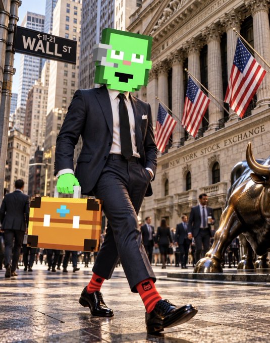 A pixelated green-headed character in a business suit carries a box near the Wall St sign and the New York Stock Exchange building.