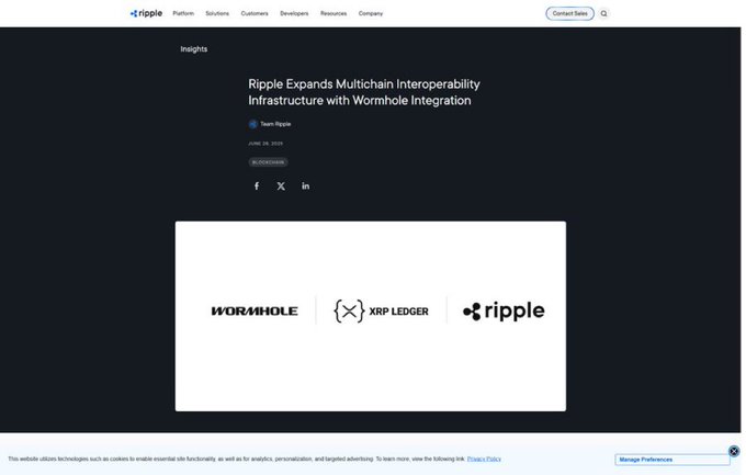 A screenshot of a Ripple article titled 'Ripple Expands Multichain Interoperability Infrastructure with Wormhole Integration,' showing logos for Wormhole, XRP Ledger, and Ripple.