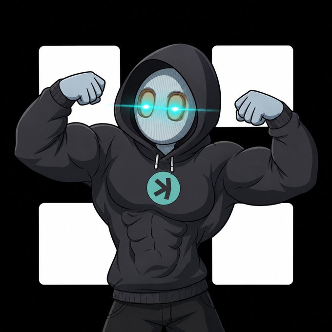 A muscular hooded figure with a robotic mask and glowing cyan eyes flexes its biceps in front of a white hashtag symbol, wearing a chest emblem with a "Y>" symbol. The image conveys strength and determination, aligning with the post's message about preparing to share day and bi-daily trading strategies with the OKX community after backtesting.
