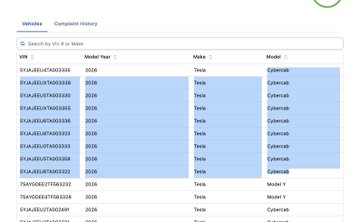A screenshot of a vehicle search website displaying search results filtered by year 2026 and make Tesla, listing various Cybertruck and Model Y VINs.