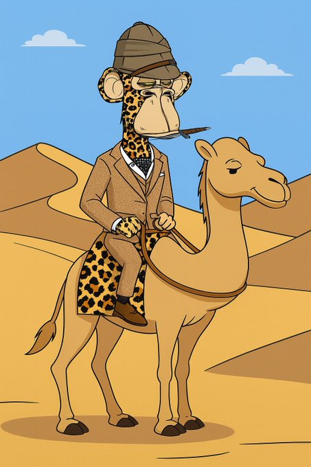 A cartoon illustration of a leopard dressed in a brown pith helmet, glasses, suit, and tie riding a camel through a desert.
