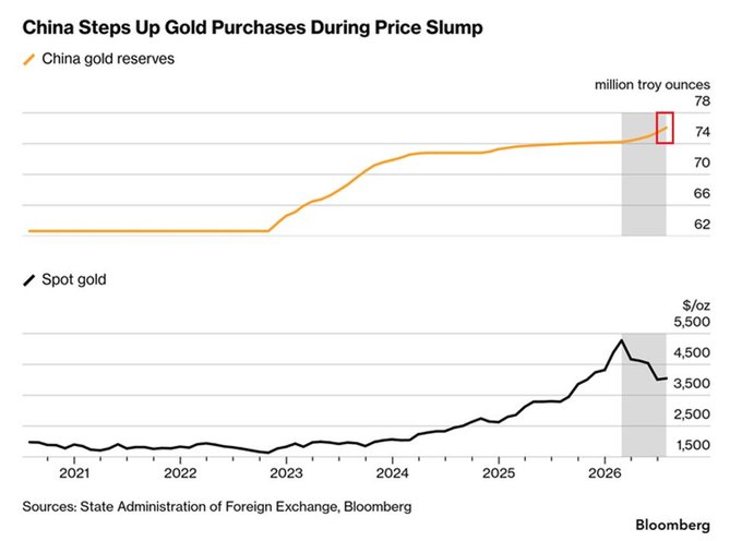 A Bloomberg chart titled "China Steps Up Gold Purchases During Price Slump" shows China's gold reserves rising from approximately 62 million troy ounces in 2021 to around 74 million troy ounces by 2026, while spot gold prices climbed from $1,500/oz to a peak above $4,500/oz before falling to roughly $3,500/oz—illustrating the institutional accumulation that supports the post's GoldFi thesis about gold's growing role in the digital economy.