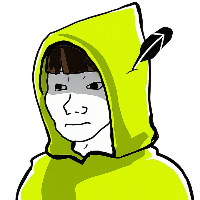 A cartoon-style illustration of a character wearing a green hooded robe, resembling a Wojak meme, with a black feather in the hood.