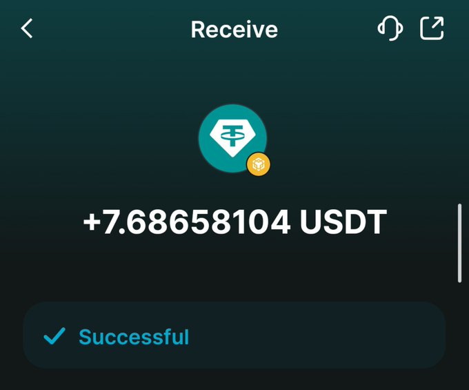 A cryptocurrency wallet screenshot showing a successful USDT (Tether) receive transaction of +7.68658104 on a Tether network with a teal color scheme.