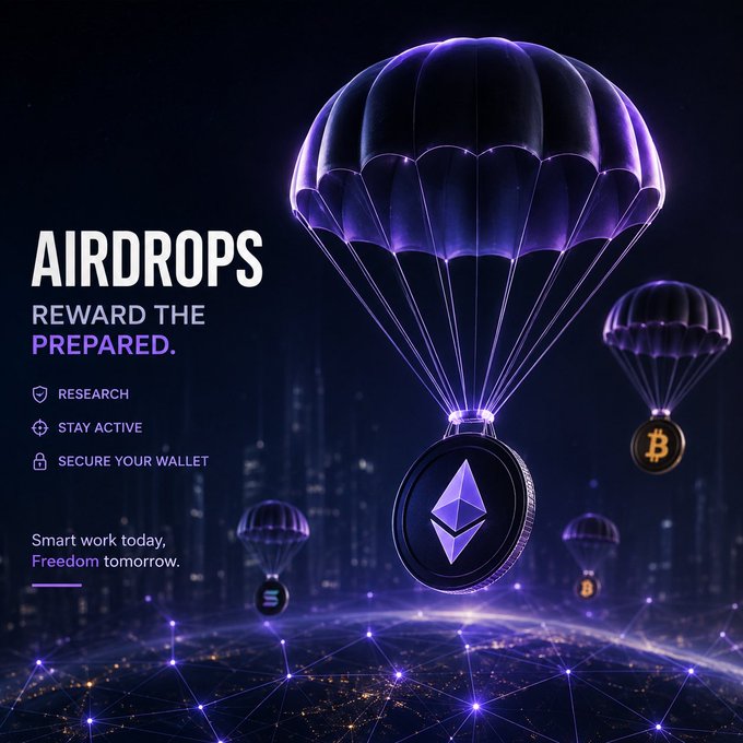A promotional graphic for 'AIRDROPS - REWARD THE PREPARED' featuring purple parachutes carrying Ethereum and Bitcoin coins descending over a digital cityscape.