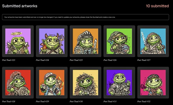 A gallery of 10 submitted "Poet Toad" NFT artworks (#23-#32), each featuring a pixelated frog character with different attributes against vibrant colored backgrounds, displayed after being locked in via gumball mint on @mallowdotart for 1.69 sol.