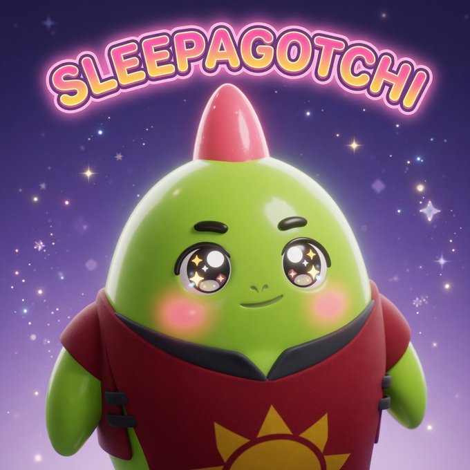 The user wants a concise caption describing the image and its relation to the provided text.

1.  **Analyze the image:**
    *   **Subject:** A cute, green, egg-shaped character with a pink antenna/spike on its head.
    *   **Expression:** Big, sparkling eyes, slight smile, rosy cheeks. Looks sleepy but happy.
    *   **Clothing:** Wearing a red tunic or vest with a yellow sun symbol on the chest.
    *   **Background:** A starry night sky, purple/blue gradient.
    *   **Text:** "SLEEPAGOTCHI" in large, neon-style letters at the top.

2.  **Analyze the text context:**
    *   The text discusses how tech traditionally measures success by keeping people awake (infinite feeds, autoplay).
    *   It introduces a "new wave" that flips this equation.
    *   It mentions "projects like @sleepag