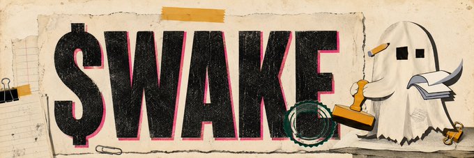 An illustrated banner with the word 'SWAK' in bold distressed lettering, accompanied by a cartoon ghost holding a gavel and papers, with paperclips and stamps scattered around.