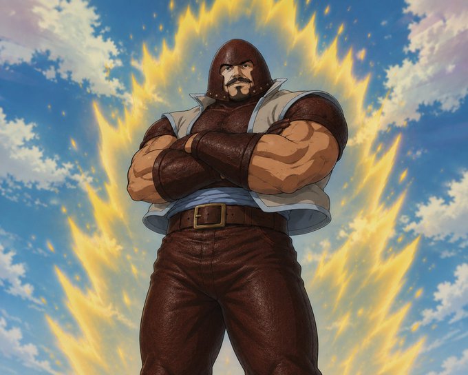 An anime-style illustration of a muscular man with a mustache wearing brown armor and a helmet, standing with his arms crossed against a bright sky with dramatic yellow flames radiating behind him.