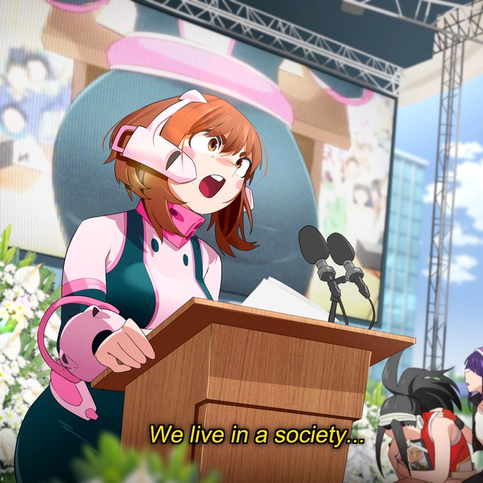 An anime scene shows a brown-haired character at a podium with microphones, with the subtitle 'We live in a society...'.