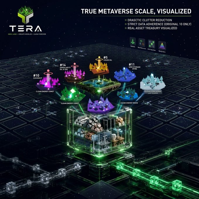 A promotional graphic for the 'TERA' metaverse project with the tagline 'OWN LAND • CREATE WORLDS • EARN FOREVER', displaying 'TRUE METAVERSE SCALE, VISUALIZED' with various colorful islands labeled like '#10 COMMUNITY', '#5 CLOUD ISL.', and '#11 GRID STORAGE SPIRE'.