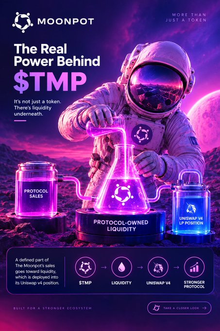 A promotional poster for Moonpot ($TMP) featuring an astronaut pouring liquid from a flask, with text highlighting 'Protocol-Owned Liquidity' and 'Uniswap v4 LP position'.