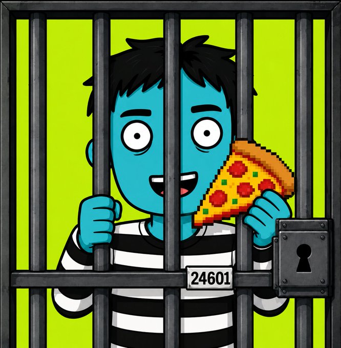 A cartoon prisoner with blue skin and a striped shirt stands behind jail bars, holding a pixelated pizza slice, with the number "24601" displayed on the bars — humorously referring to the Jean Valjean scene from Les Misérables while promoting the @PizzaBrokers NFT mint giveaway.