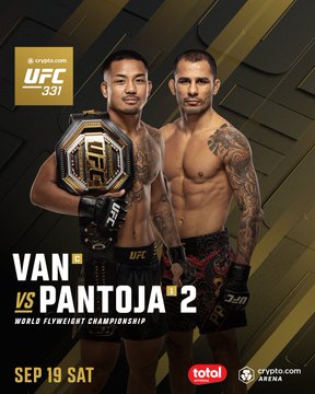 The image is a UFC 331 promotional poster featuring flyweight champion Joshua Van and challenger Alexandre Pantoja, with text reading "UFC 331," "VAN VS PANTOJA 2," "WORLD FLYWEIGHT CHAMPIONSHIP," and "SEP 19 SAT," confirming the main event matchup announced in the accompanying post.
