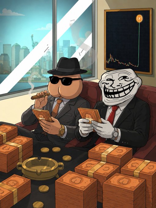 A cartoon illustration showing two characters in suits (one with a fedora and cigar, the other a Trollface meme character) sitting on a couch counting money, surrounded by stacks of cash bundles, with a city skyline view and a stock chart showing a pump-and-dump pattern in the background.