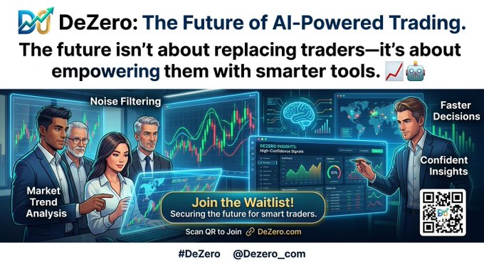 A promotional graphic for DeZero, an AI-powered trading platform, featuring illustrated traders analyzing charts and dashboards alongside labels for "Market Trend Analysis," "Noise Filtering," and "Faster Decisions/Confident Insights." The ad invites viewers to "Join the Waitlist" with the tagline "Securing the future for smart traders" and directs them to scan a QR code or visit DeZero.com.