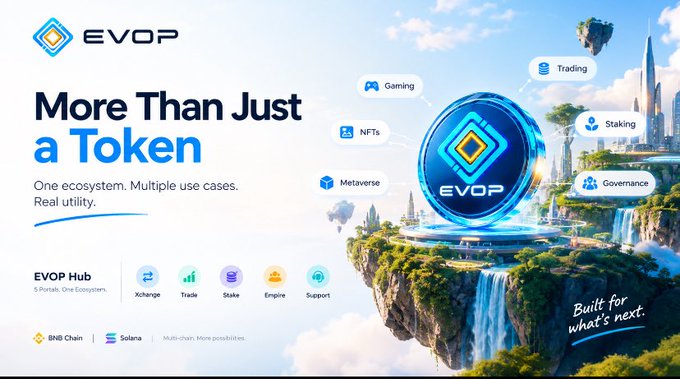 A promotional banner for EVOP features the slogan "More Than Just a Token" alongside "One ecosystem. Multiple use cases. Real utility," highlighting its 5 hubs (Exchange, Trade, Stake, Empire, Support) and use cases including Gaming, NFTs, Metaverse, Trading, Staking, and Governance, built on BNB Chain and Solana—visually reinforcing the post's message that $EVOP offers real functional utility beyond mere speculation.