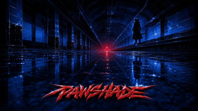 A dark, moody digital artwork showing a silhouetted figure standing in a long, arched tunnel with a red light glowing in the distance, with the word "PAWSHADE" in stylized red text at the bottom.
