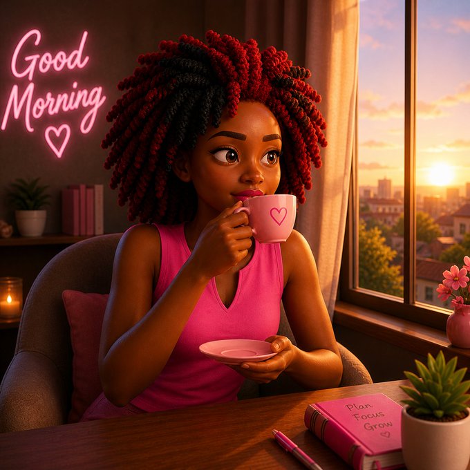 The image features a woman with red hair sitting at a desk holding a pink cup of coffee while looking out a window. The background includes a cityscape, suggesting that she might be enjoying her morning coffee from home or work. The caption "gm good morning We are privileged to witness another new month, let' s make it count" implies the importance of starting each day with positivity and intention.
